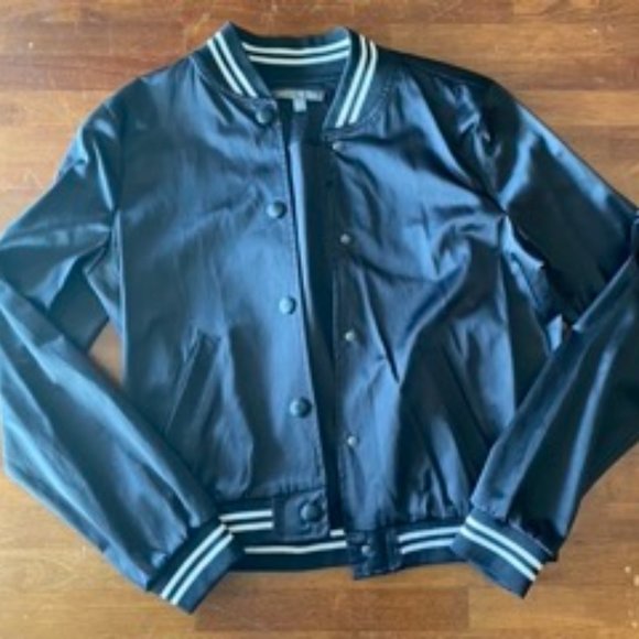 Don't Ask Why Black and White Satin Button Up Bomber Jacket - Picture 1 of 9